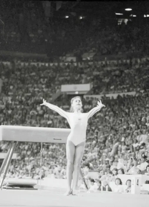 Framed Print : Nadia Comaneci Posing During Gymnastic Feat