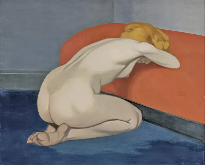 Framed Print : Naked woman kneeling in front of a red couch, 1915 Framed Print : Naked woman kneeling in front of a red couch, 1915