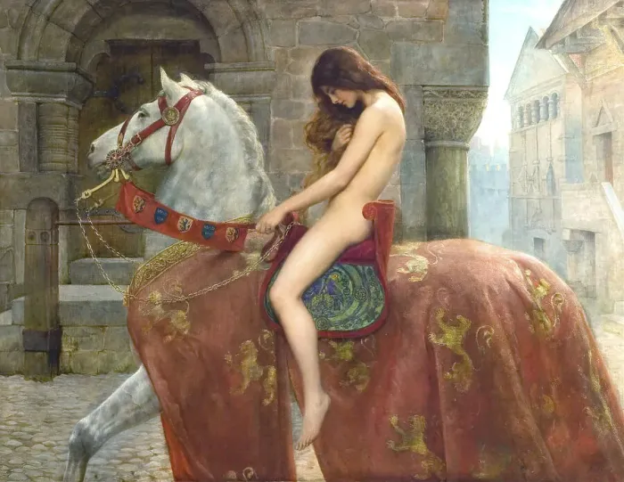 Framed Print : A naked woman rides a white horse through a medieval town, the horse wears a red and gold scarf Framed Print : A naked woman rides a white horse through a medieval town, the horse wears a red and gold scarf
