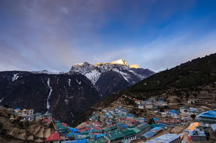 Framed Print : Namche barzaar village with Kongde Ri peak background in the morning Framed Print : Namche barzaar village with Kongde Ri peak background in the morning