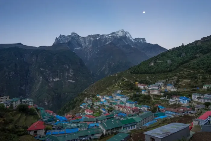 Framed Print : Namche Bazaar village with the moon Framed Print : Namche Bazaar village with the moon