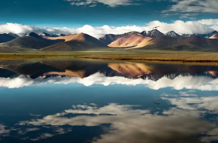 Framed Print : Namtso lake with reflection of mountains and bird
