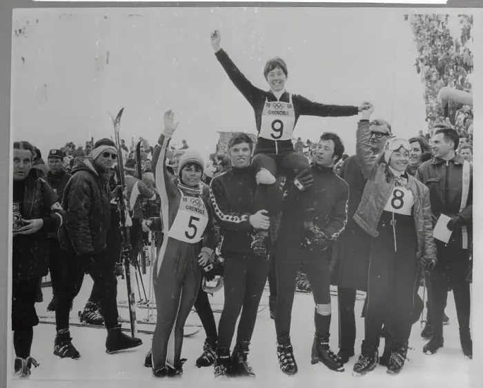 Framed Print : Nancy Greene Being Carried on Shoulders of Teammates Framed Print : Nancy Greene Being Carried on Shoulders of Teammates