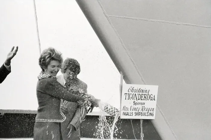 Framed Print : Nancy Reagan Christening Combat Ship