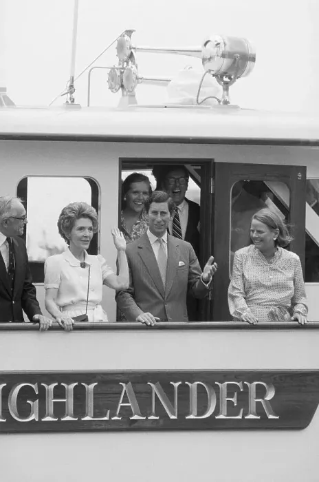 Framed Print : Nancy Reagan and Prince Charles Waving from Yacht Framed Print : Nancy Reagan and Prince Charles Waving from Yacht
