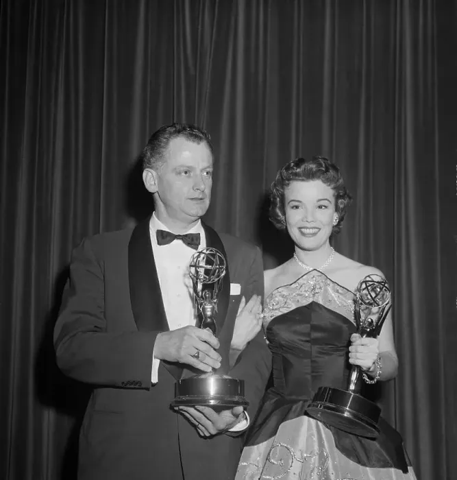 Framed Print : Nanette Fabray and Art Carney Holding Their Emmys Framed Print : Nanette Fabray and Art Carney Holding Their Emmys