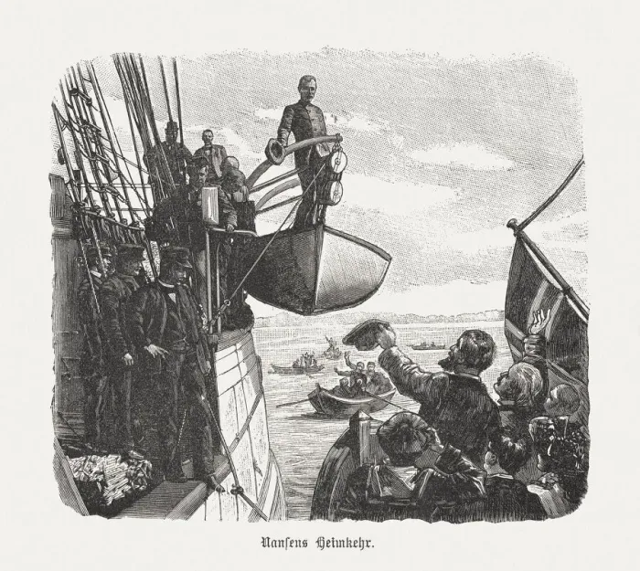 Framed Print : Nansens return from the Fram Expedition (1896), woodcut, published 1898 Framed Print : Nansens return from the Fram Expedition (1896), woodcut, published 1898