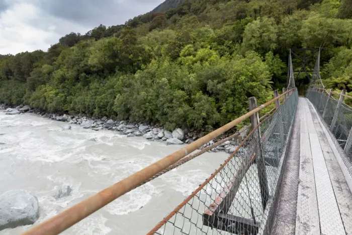 Framed Print : Narrow suspension bridge over the Fox River, Fox River, West Coast Region, New Zealand Framed Print : Narrow suspension bridge over the Fox River, Fox River, West Coast Region, New Zealand