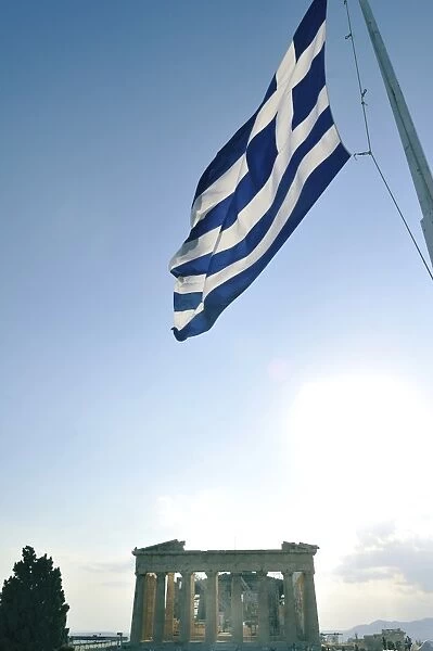 National Greek flag with the Parthenon on the background