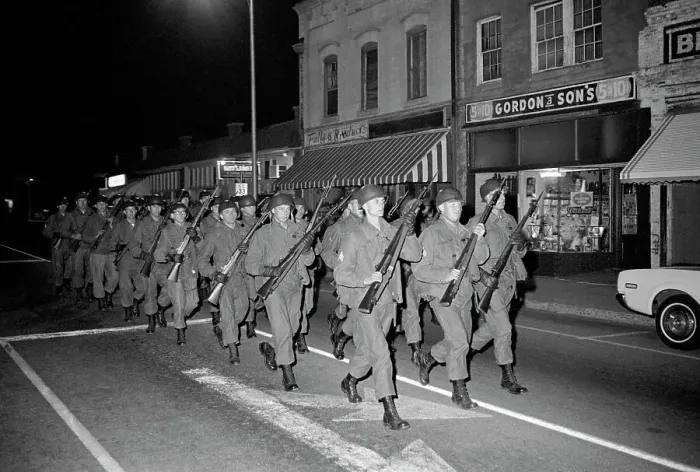 Framed Print : National Guard Marching with Rifles During Riot Framed Print : National Guard Marching with Rifles During Riot