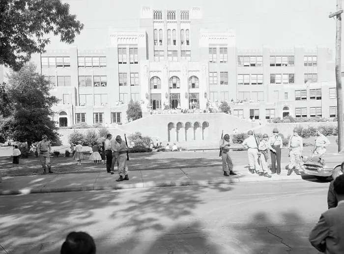 Framed Print : National Guard and Students at Integrated School