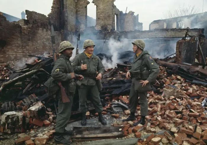 Framed Print : National Guardsmen Near Burnt-out Building Framed Print : National Guardsmen Near Burnt-out Building