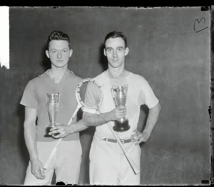 Framed Print : National Racquet Doubles Champions Posing for Camera Framed Print : National Racquet Doubles Champions Posing for Camera