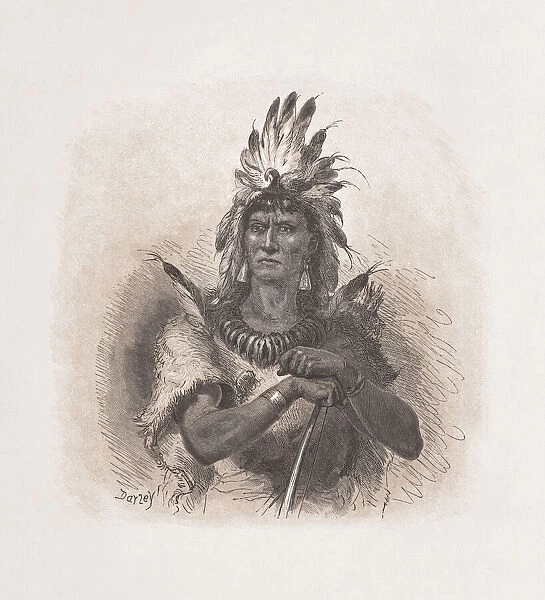 Native American chief, wood engraving, published in 1876