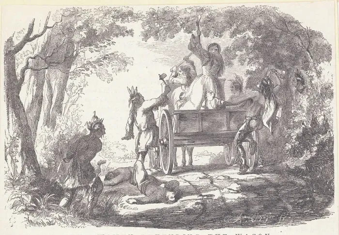 Framed Print : Native Americans Attacking Wagon with Settlers Framed Print : Native Americans Attacking Wagon with Settlers