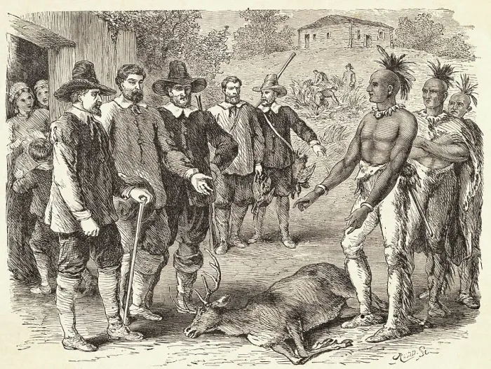 Framed Print : Native Americans Offering Stag to Colonists Framed Print : Native Americans Offering Stag to Colonists