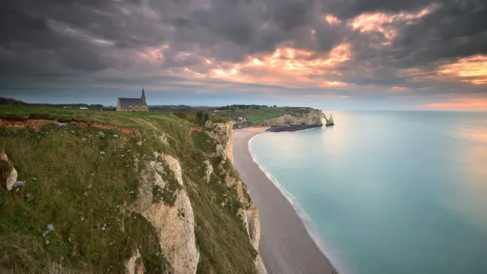 Framed Print : nature landscape in the sunset in Etretat, France in beautiful summer day Framed Print : nature landscape in the sunset in Etretat, France in beautiful summer day