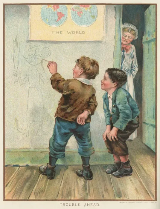 Framed Print : Naughty Victorian schoolboy drawing a caricature of his teacher on the wall -