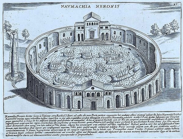 The Naumachia of Nero. A naumachia refers to the depiction of a naval battle among the Romans, but also to the places where such exhibitions took place, historical Rome, Italy, digital reproduction of a 17th century original, original date not known