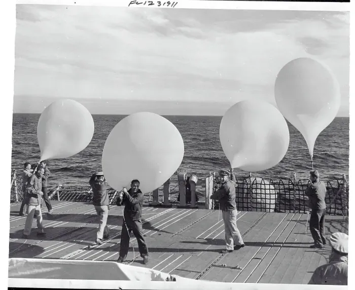 Framed Print : Naval Men on Vessel with Balloons to Launch into the Atmosphere Framed Print : Naval Men on Vessel with Balloons to Launch into the Atmosphere