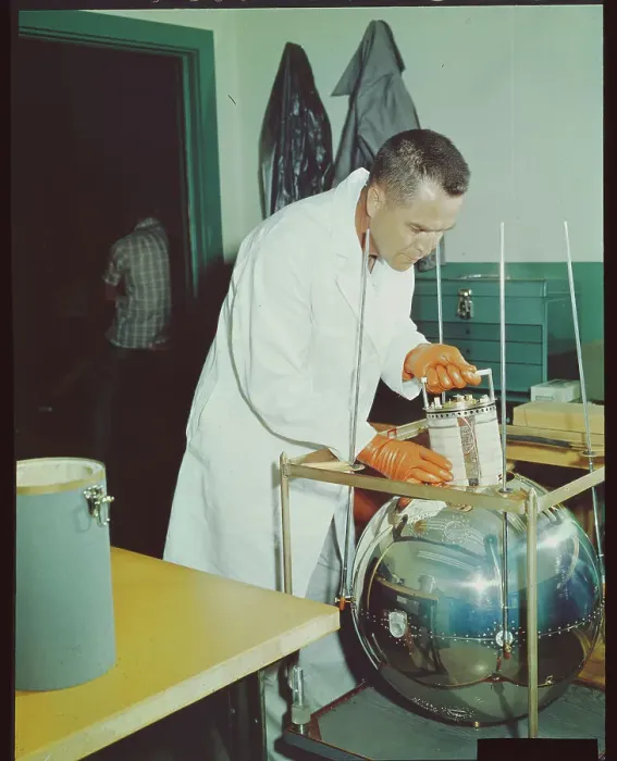 Framed Print : Naval Research Employee with Laboratory Satellite Framed Print : Naval Research Employee with Laboratory Satellite