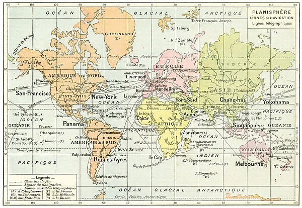 Navigation and telegraphy lines map 1887