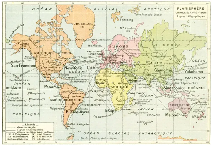 Framed Print : Navigation and telegraphy lines map 1887 Framed Print : Navigation and telegraphy lines map 1887