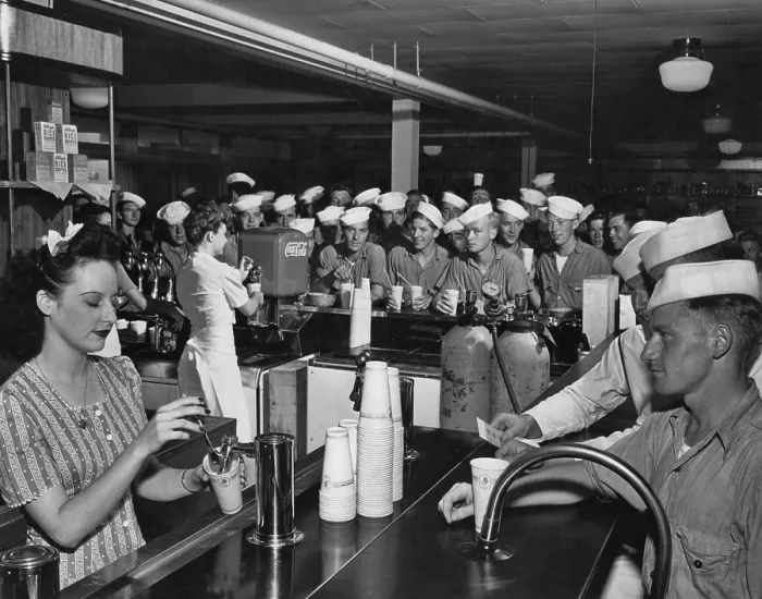 Framed Print : Navy Bar. US Navy personnel at a bar serving soft drinks, circa 1943 Framed Print : Navy Bar. US Navy personnel at a bar serving soft drinks, circa 1943