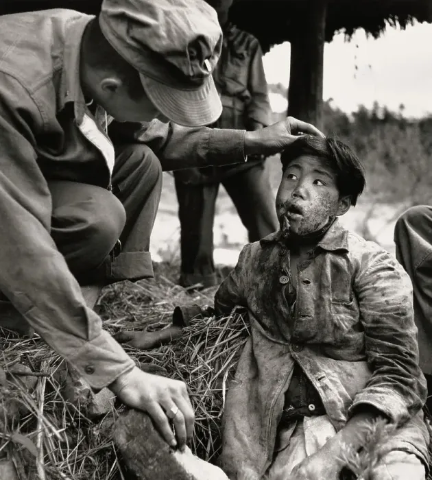 Framed Print : US Navy Medic With Injured Korean Boy Framed Print : US Navy Medic With Injured Korean Boy