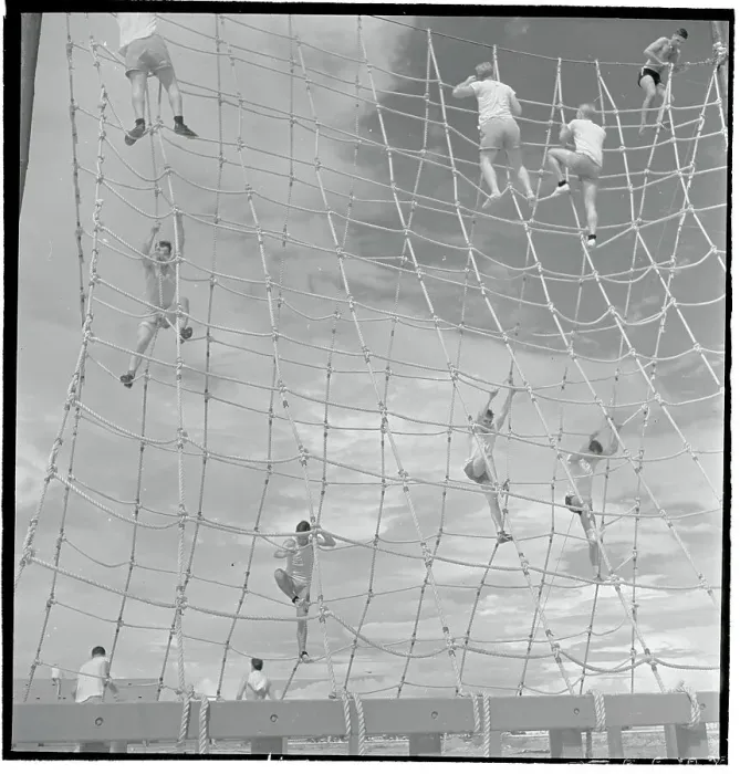 Framed Print : Navy Men Climbing Large Rope Obstacle Framed Print : Navy Men Climbing Large Rope Obstacle