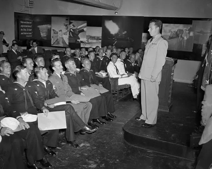 Framed Print : Navy Men Listening to Lieutenant Prior to their Leave of the Navy Framed Print : Navy Men Listening to Lieutenant Prior to their Leave of the Navy