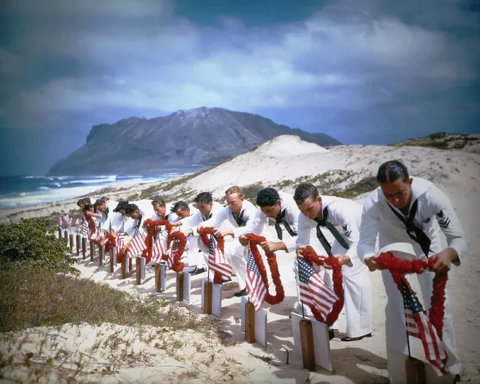 Framed Print : Navy Men Placing Hawaiian Leis on Gravesite of War Heroes Framed Print : Navy Men Placing Hawaiian Leis on Gravesite of War Heroes