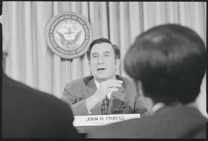 Framed Print : Navy Secretary John Chafee Gesturing During Conference Framed Print : Navy Secretary John Chafee Gesturing During Conference