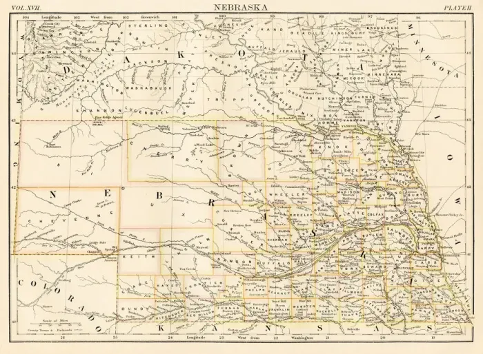 Framed Print : Nebraska map 1884 Framed Print : Nebraska map 1884