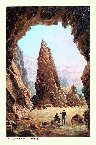 Needle rock cavern, Jersey, Channel Islands, Rocky coastline, Victorian landscape art 19th Century