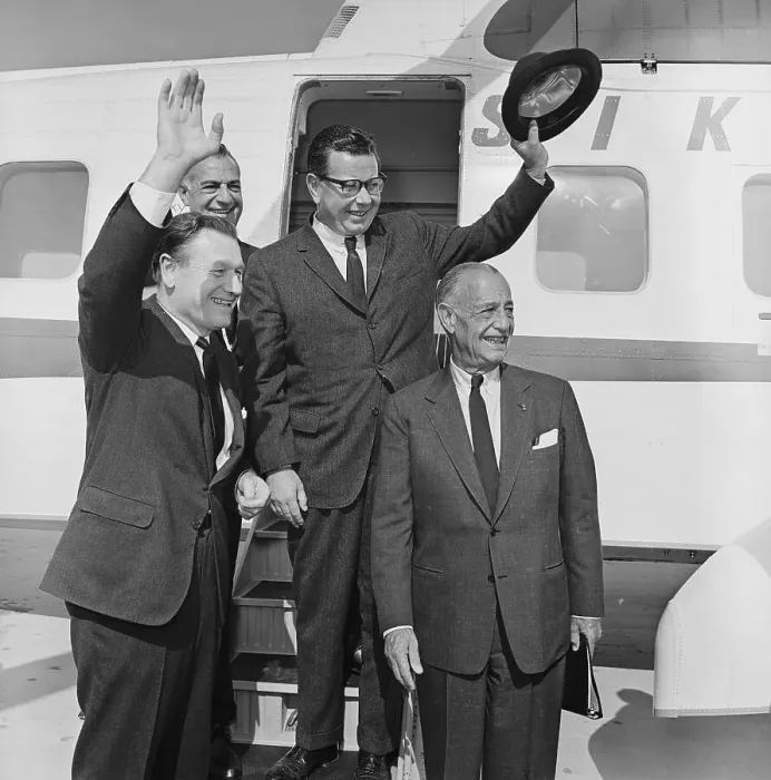 Framed Print : Nelson Rockefeller and Men Disembarking Helicopter