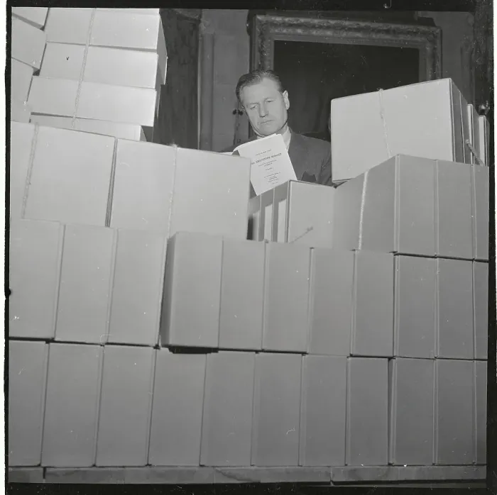 Framed Print : Nelson Rockefeller Reading from Large Stack of Reports Framed Print : Nelson Rockefeller Reading from Large Stack of Reports