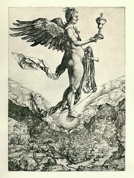 Nemesis. Vintage engraving by Albrech Durer, showing Nemesis, c.1502