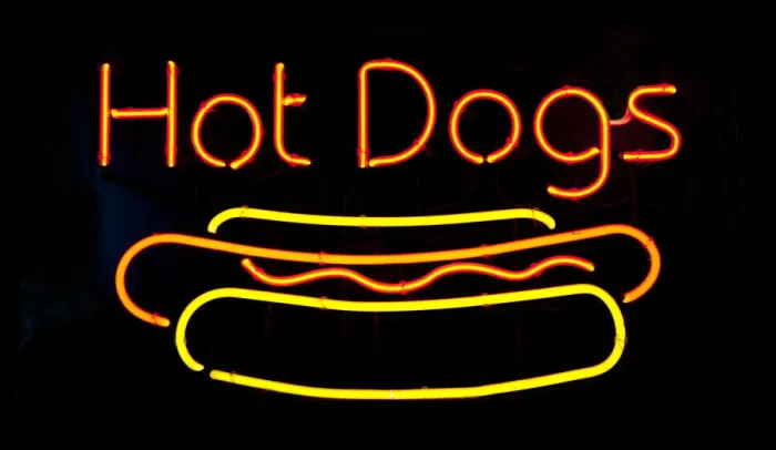 Framed Print : Neon hot dog sign on black background Framed Print : Neon hot dog sign on black background