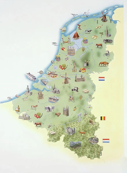 Netherlands, map showing distinguishing features and landmarks