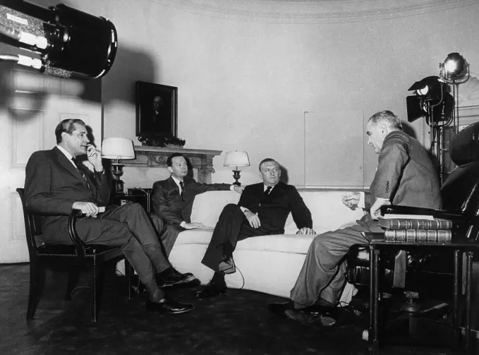 Framed Print : Network Newsmen Interviewing President Johnson Framed Print : Network Newsmen Interviewing President Johnson