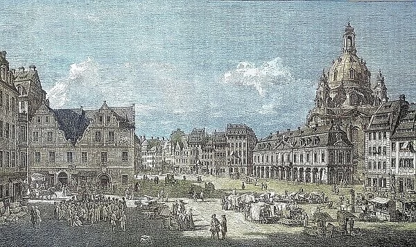 The Neumarkt, Platz der Hauptwache in Dresden, Germany, 1752, on the left the Gewandhaus, on the right the royal stables and the Church of Our Lady, Historic, digitally restored reproduction from a 19th century original