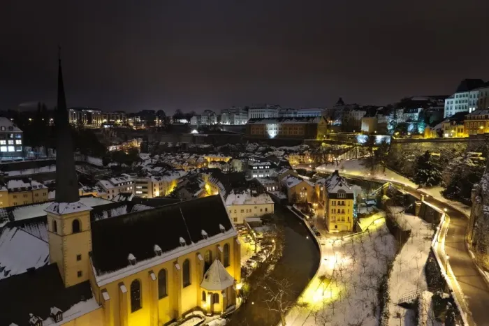 Framed Print : Neumunster Abbey in Luxembourg at night under snow