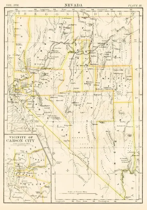 Framed Print : Nevada map 1884 Framed Print : Nevada map 1884