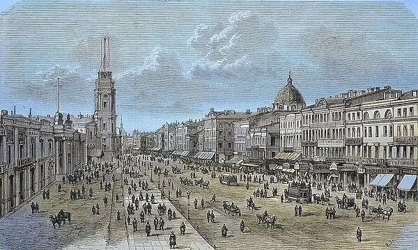 The Nevsky Prospect in St. Petersburg, Russia, in 1885, Historical, digitally restored reproduction from a 19th century original