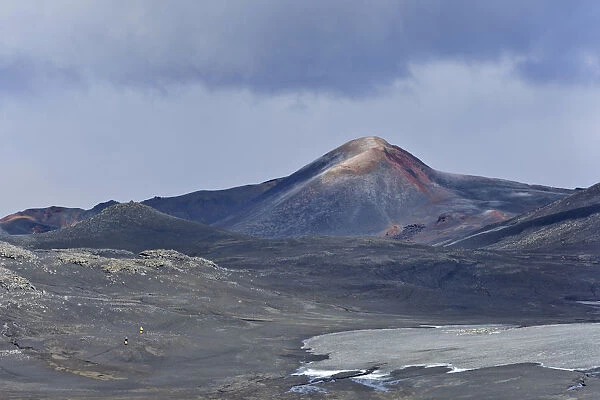 New crater of a volcanic eruption in 2010, at long-distance hiking trail from from Skogar via Fimmvorouhals to the Thorsmork mountain ridge, Porsmork, Iceland