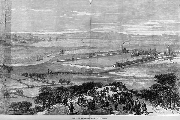 New Dock. March 1877: Crowds on a hilltop are viewing the new dock at Avonmouth