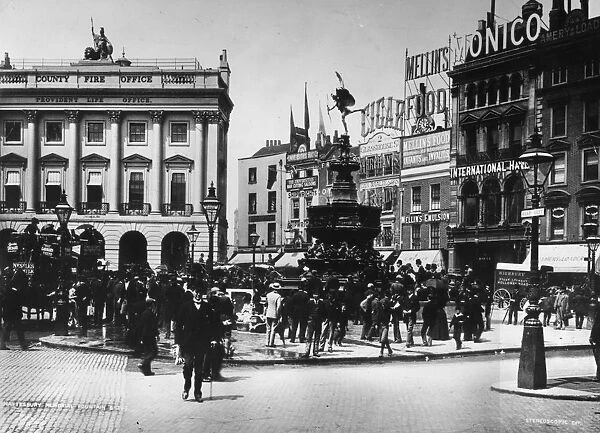 New Eros. 1893: Crowds in Piccadilly Circus viewing the newly erected statue of Eros