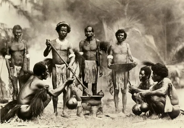 Framed Print : New Guinea Natives Posing at Cooking Scene Framed Print : New Guinea Natives Posing at Cooking Scene