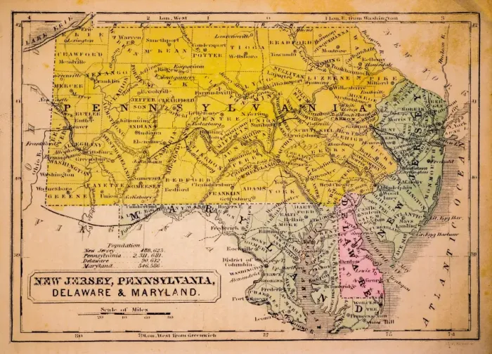 Framed Print : New Jersey, Pennsylvania, Delaware and Maryland 1852 Map